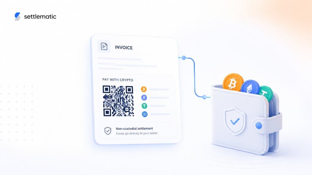Settlematic non-custodial crypto invoice: hosted invoice with QR and multi-asset pay, settling directly to the merchant wallet