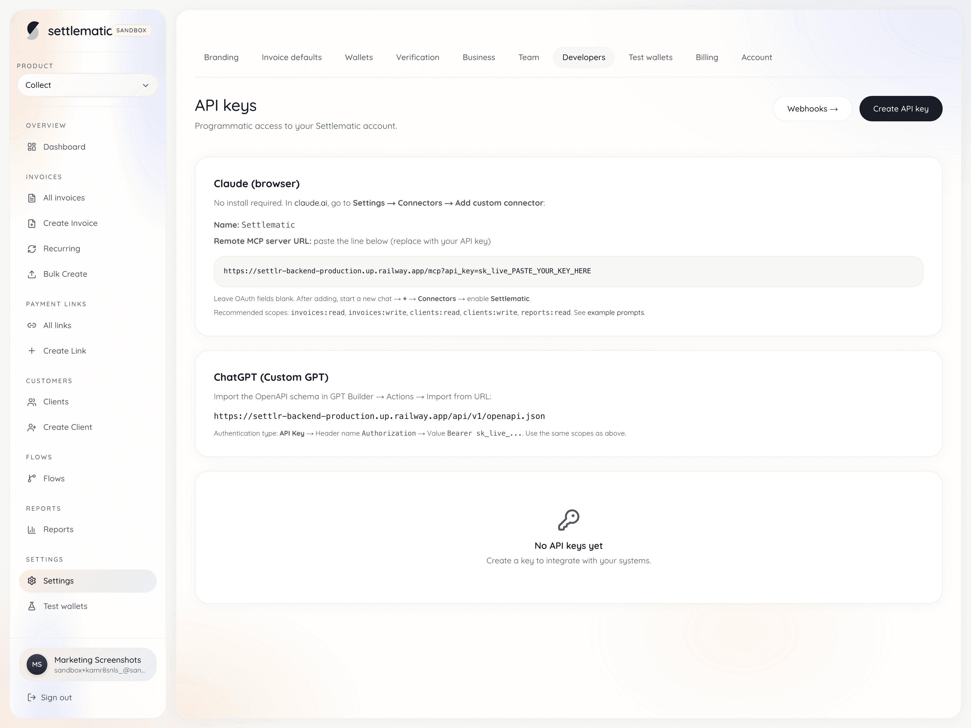 Settlematic API keys settings showing Claude MCP connector setup with remote server URL and recommended scopes