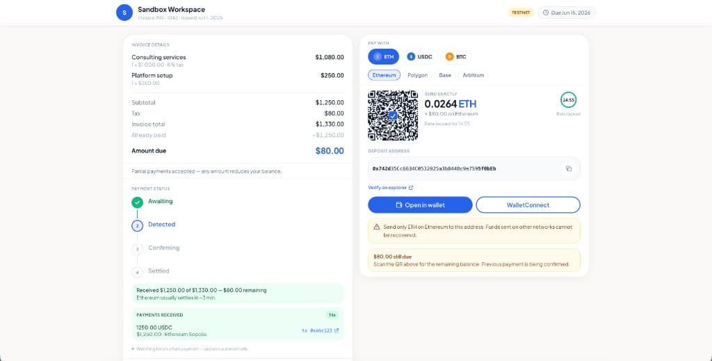 Settlematic hosted payment page for invoice INV-1042 with $80 balance due after partial USDC payment, ETH checkout on Ethereum with QR code and WalletConnect