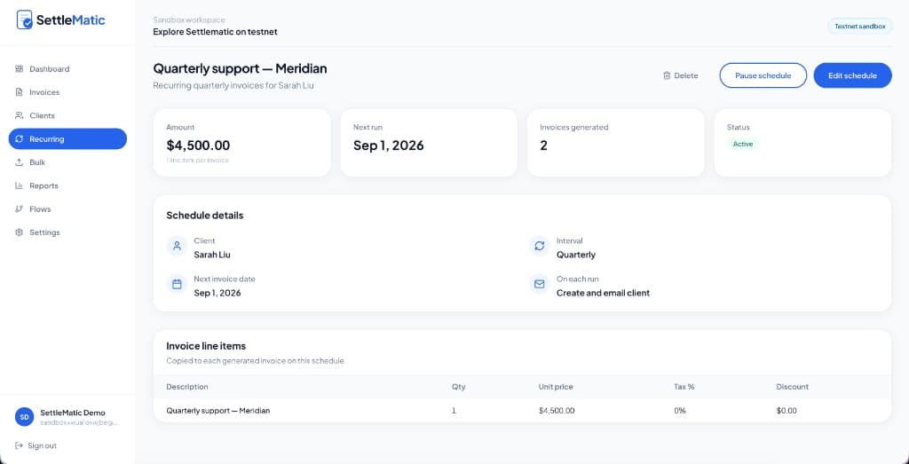 Settlematic recurring invoice schedule Quarterly support — Meridian for client Sarah Liu at $4,500 quarterly with next run September 1, 2026