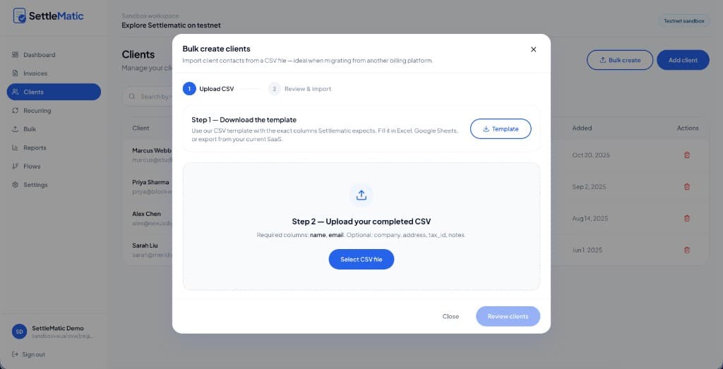 Settlematic bulk client CSV import dialog with template download and client list including Marcus Webb, Priya Sharma, Alex Chen, and Sarah Liu