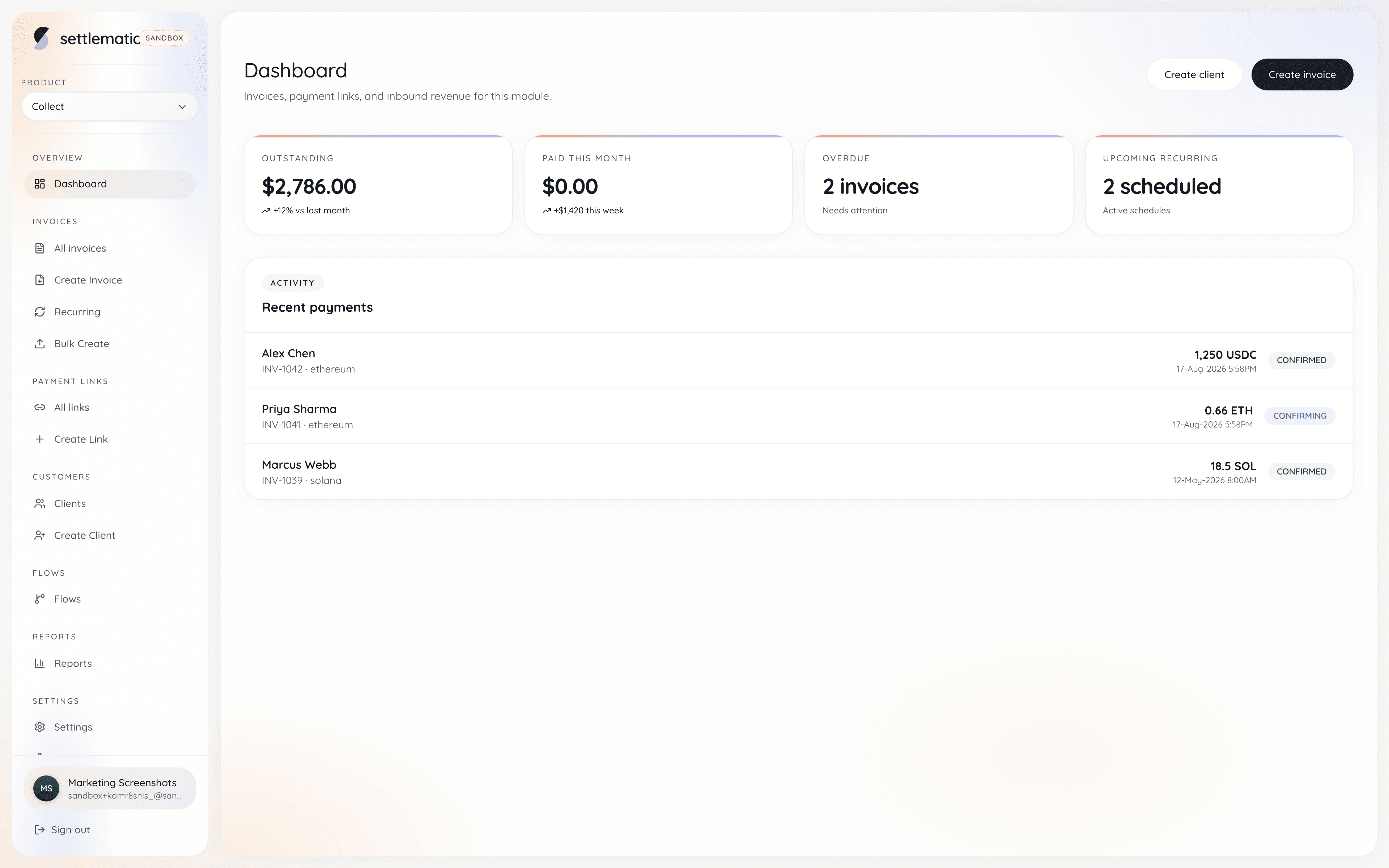 Settlematic Collect dashboard for Northstar Commerce showing outstanding balance, paid this month, overdue invoices, and recent crypto payments