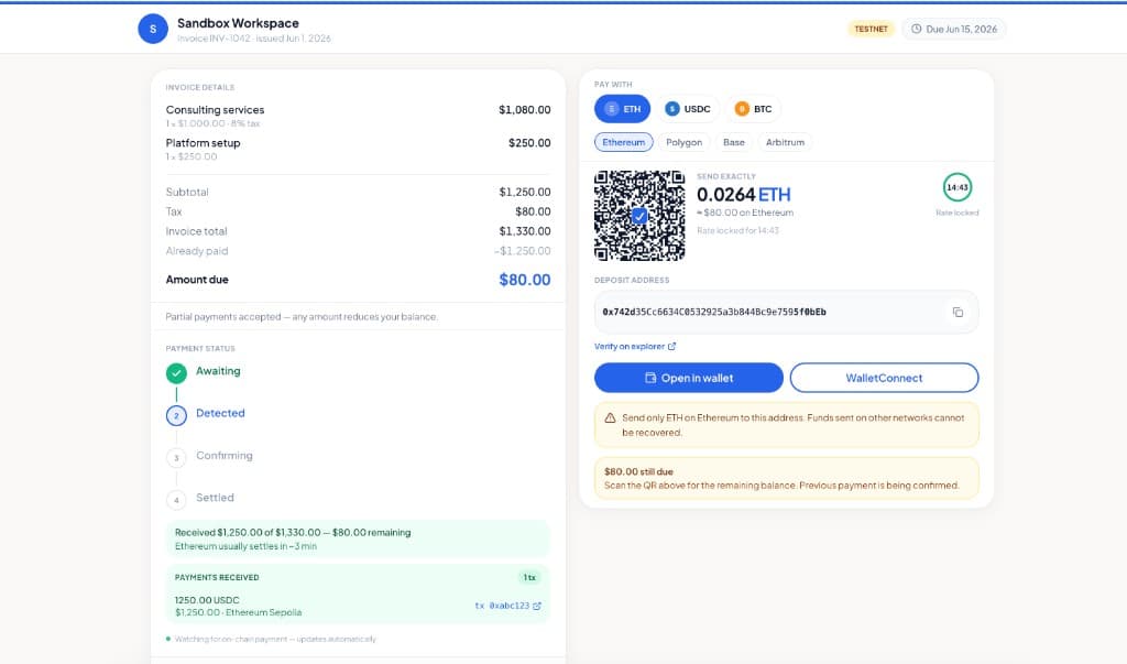 Settlematic hosted crypto checkout for invoice INV-1042 with asset tabs for ETH, USDC, and BTC and network options Ethereum, Polygon, Base, and Arbitrum
