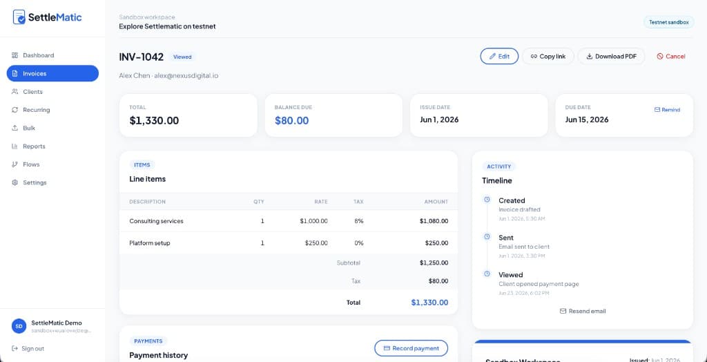 Settlematic invoice INV-1042 for Alex Chen with consulting line items, $80 balance due, and timeline showing sent and viewed status
