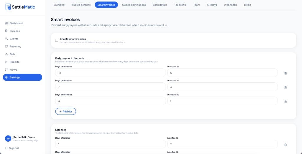 Settlematic Smart invoices settings with early-payment discount tiers at 14, 7, and 3 days and late fee tiers starting 1 day after due date