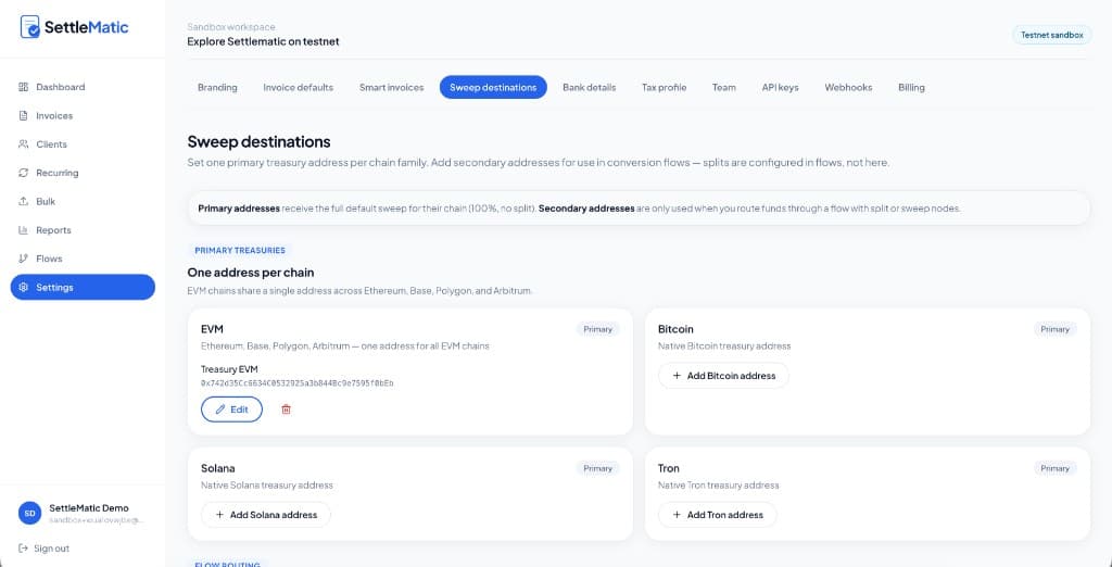 Settlematic sweep destinations settings with primary treasury addresses for EVM, Bitcoin, Solana, and Tron chain families