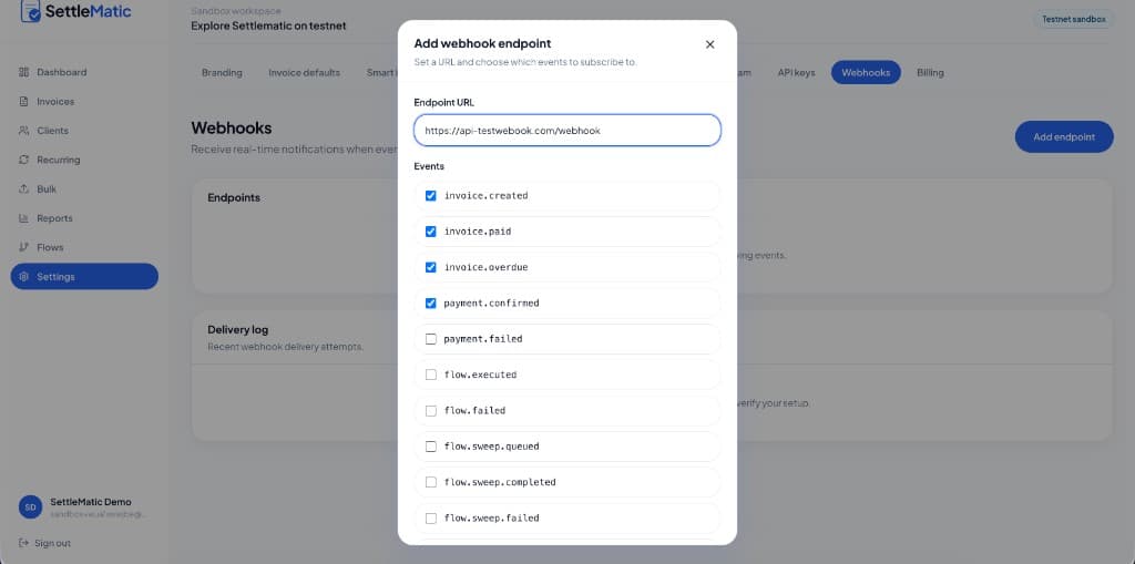 Settlematic webhook endpoint setup subscribing to invoice.created, invoice.paid, payment.confirmed, and flow sweep events
